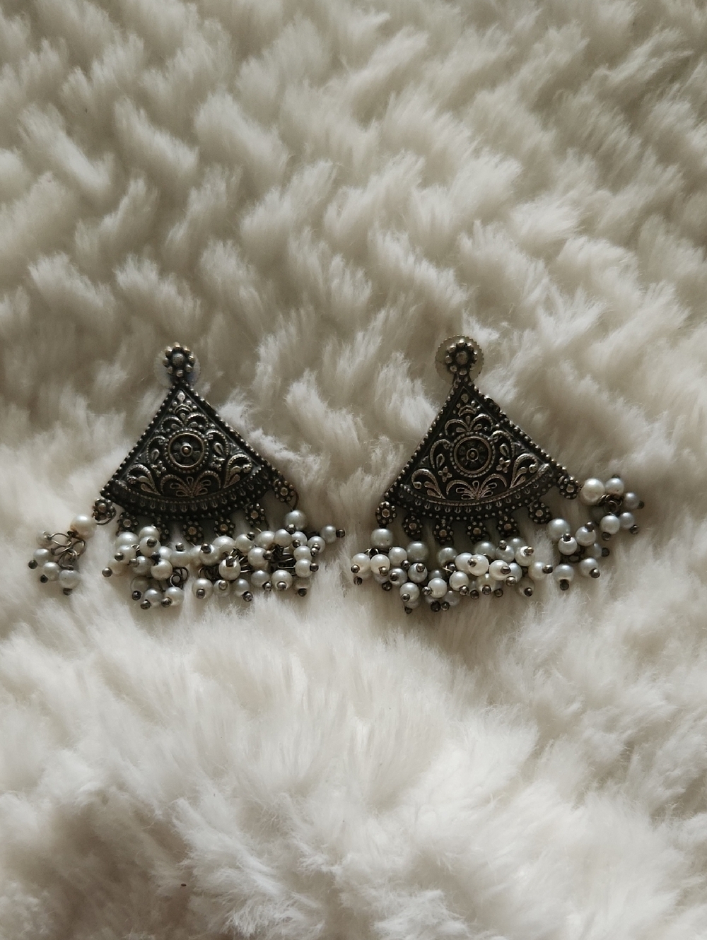 Silver-Tone Filigree Fan Earrings with White Bead Fringe Boho Vibe